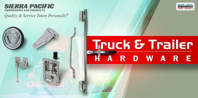 assortment of truck and trailer SPEP parts which includes a tie down, hinges, pull, door holder, and t-handle latch