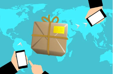 Graphic of package and two hands with smartphones